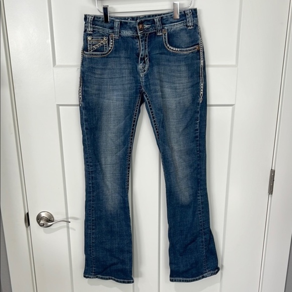 Rock & Roll Cowgirl Blue Boot Cut Jeans with Thick Stitching Sz 27x32